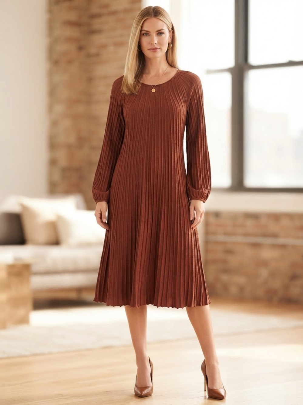 Max Studio Ribbed Pleated Long-Sleeve Midi Dress - Brown